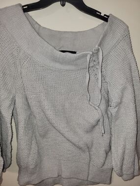Express Light Gray Off-the-Shoulder Lace-Up Sweater